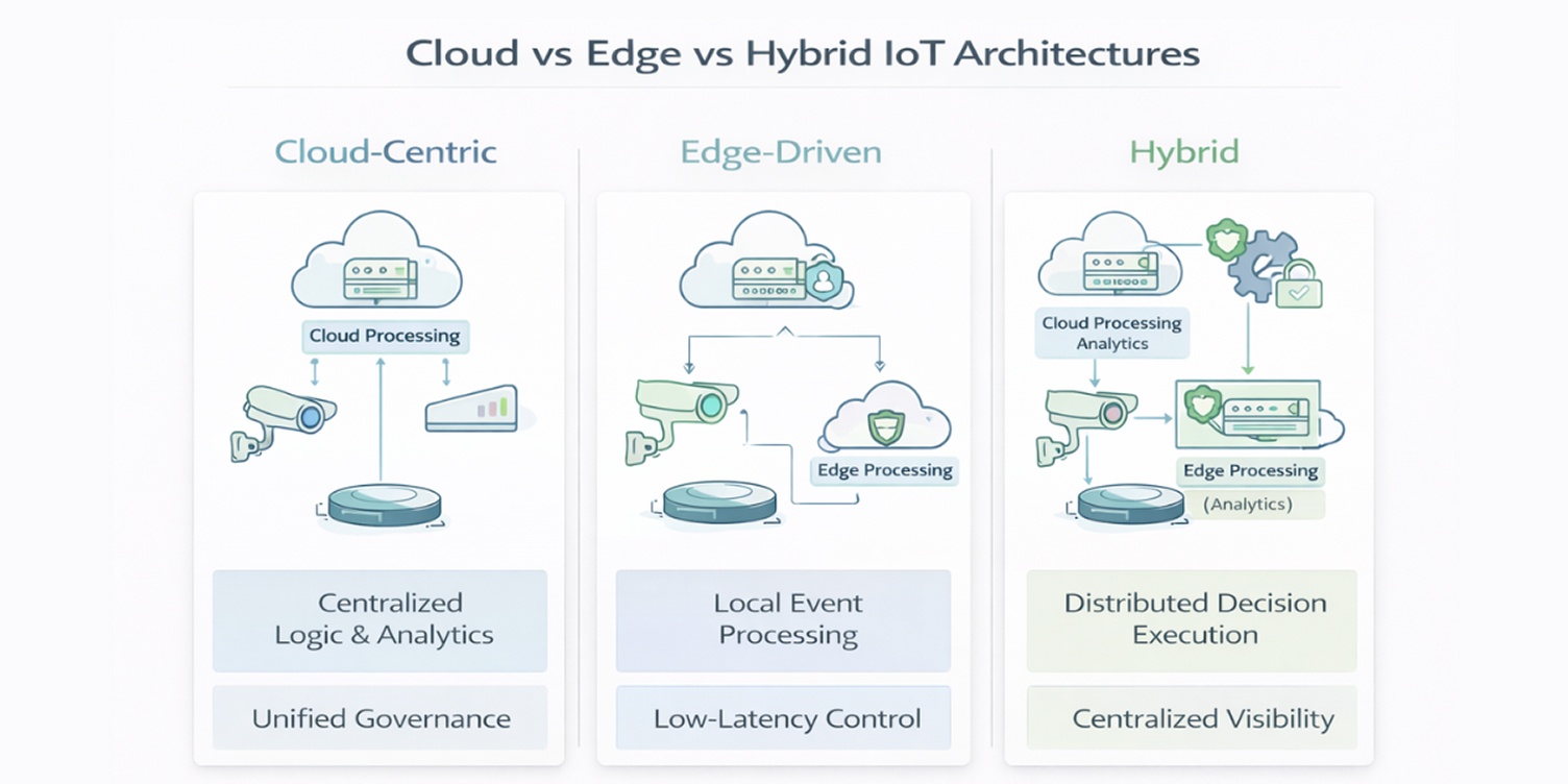 a snapshot of cloud vs edge vs hybrid IOT architecture 